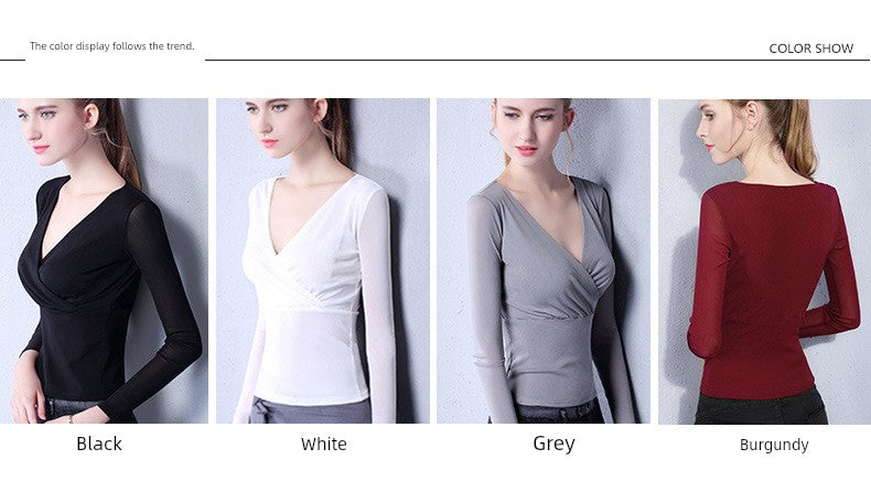 Danyu Long-Sleeved Thin Waist Cross-Collar Mesh Top