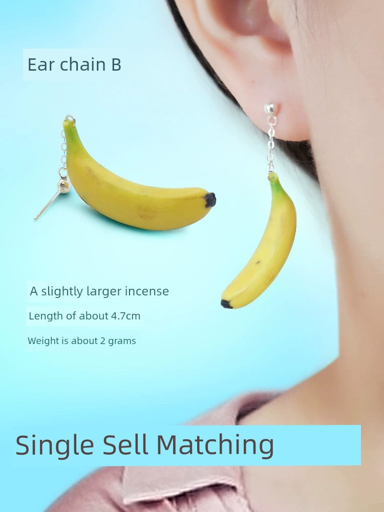 New Original Cute Fruit Exaggerated and Personalized Couple 925 Silver Single Ear Studs Polymer Clay Handmade Banana Earrings