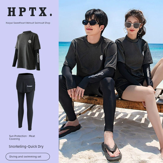 One-Piece Diving Suit Men's and Women's Tops Dive Skin Fake 2 Pieces Pants Sun Protection Snorkeling Suit Long Sleeves Surfing Suit Swimwear