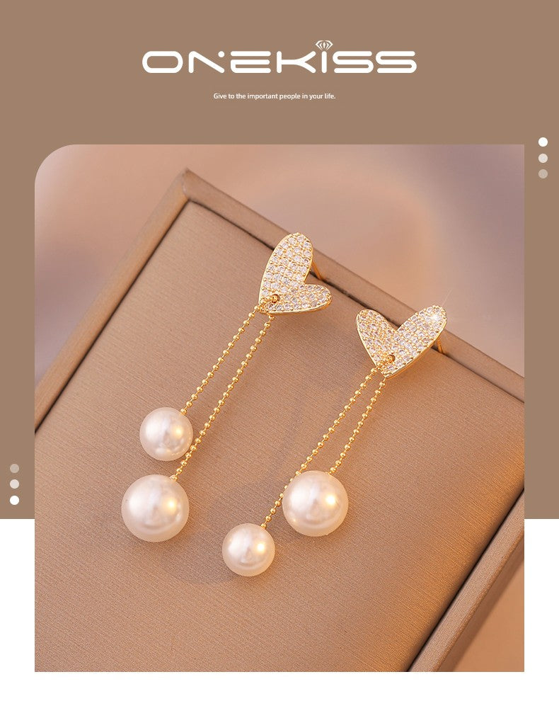 Light Extravagant Love Heart Niche Design Pearl Tassel Earrings