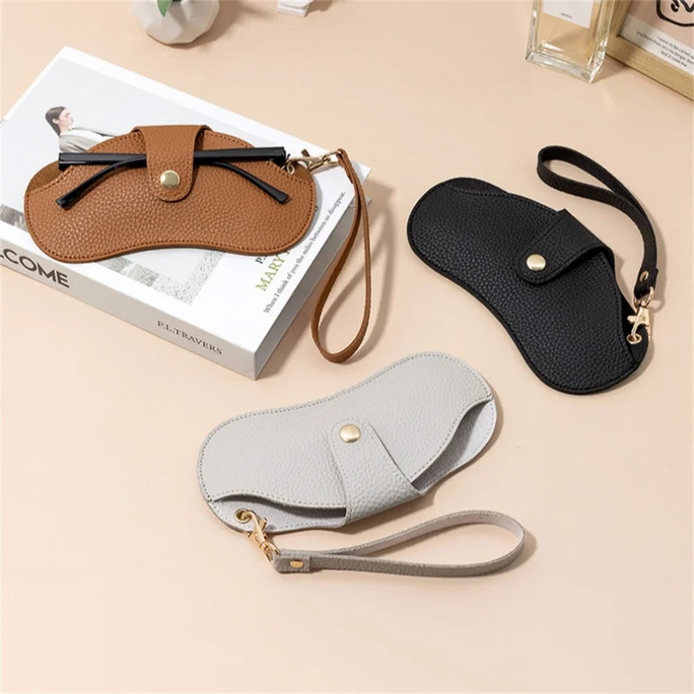 Portable Sunglasses Bag Women Retro PU Leather Glasses Case Eyewear Pouch Travel Glasses Storage Sleeve w/ Wristband Neck Strap