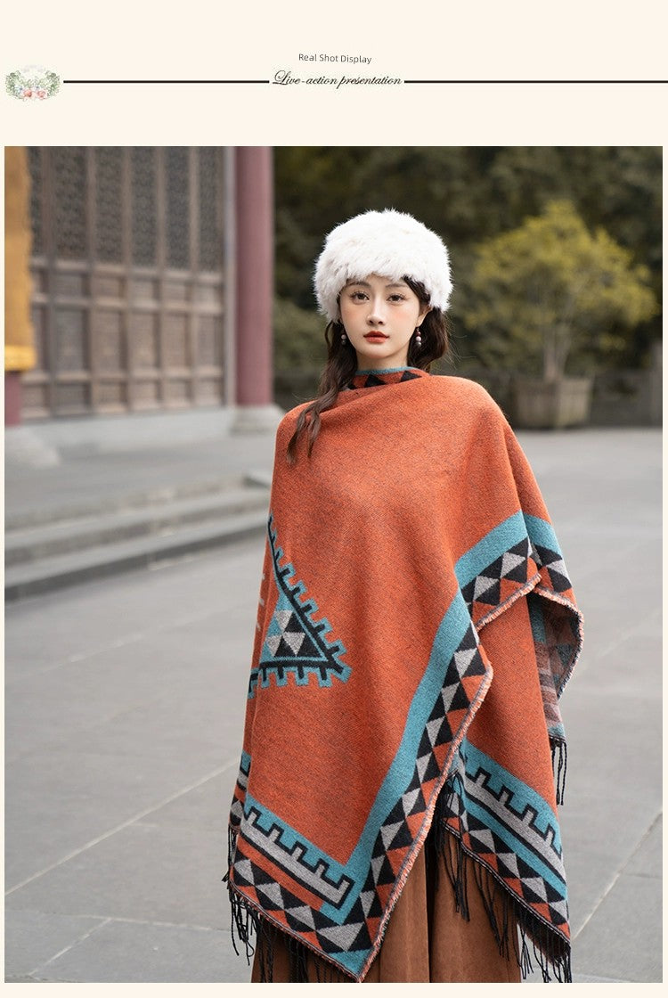 Early Autumn Travel Knit Cloak with Tassel Scarf