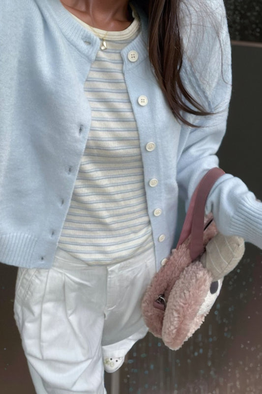 Soft Glutinous Blue round Neck Gentle Sweaters Cardigan