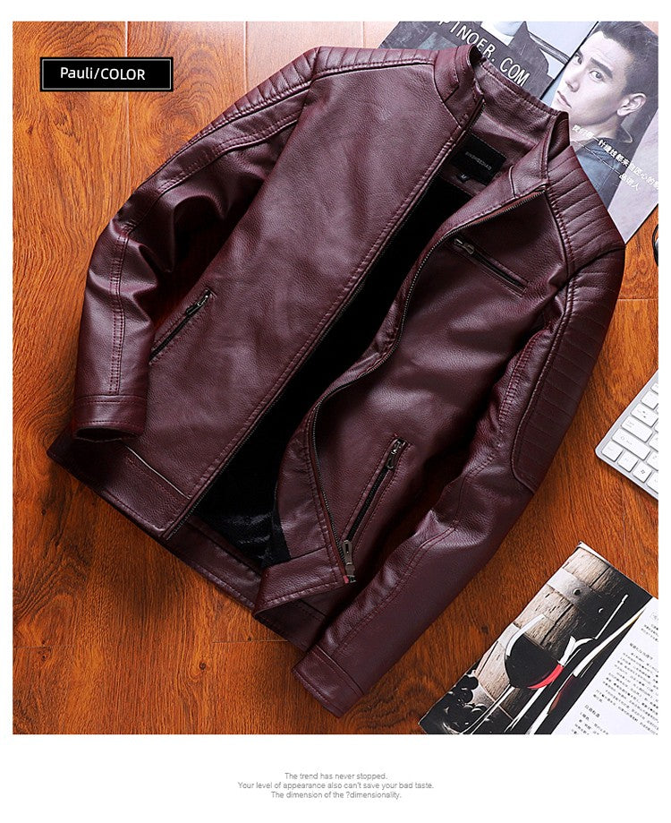 K-style Silm Autumn and Winter Fleece-lined Stand Collar Youth Leather Coat