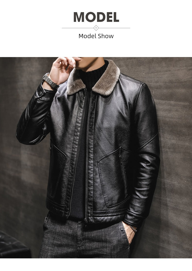 Winter Korean Style Fleece-Lined Thickened Handsome Lambswool Leather Jacket