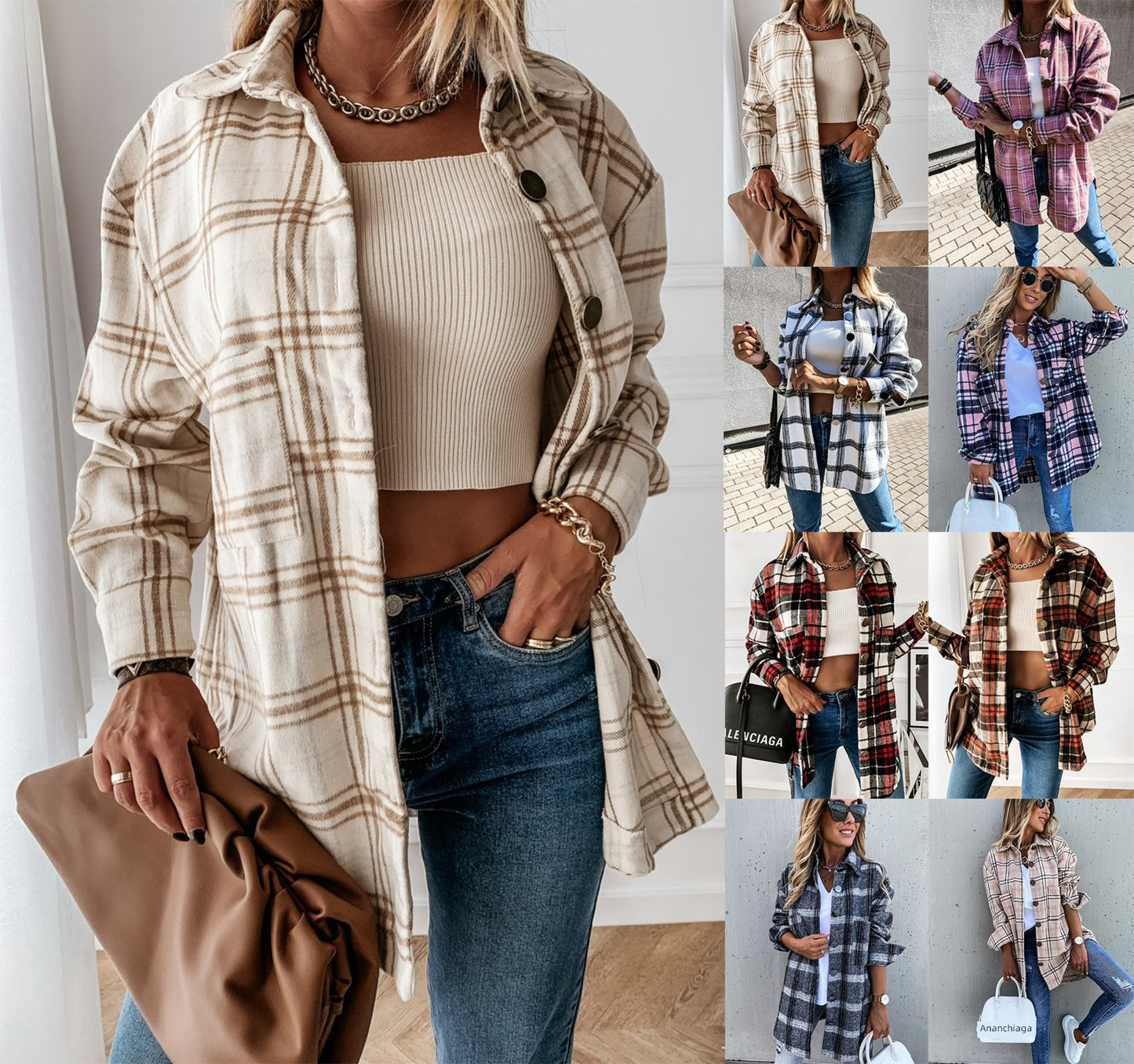 Women Ins Fashion Loose Casual Retro Plaid Long Sleeve Shirt