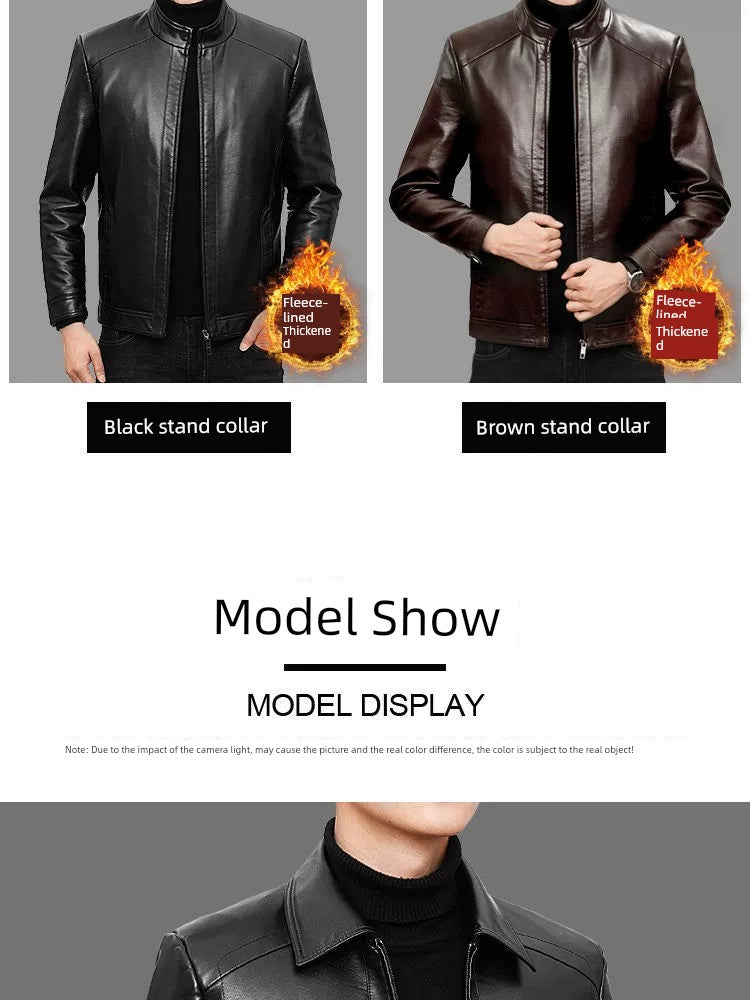 Middle-Aged and Elderly Fleece-lined Winter Reverse Collar Dad Leather Coat