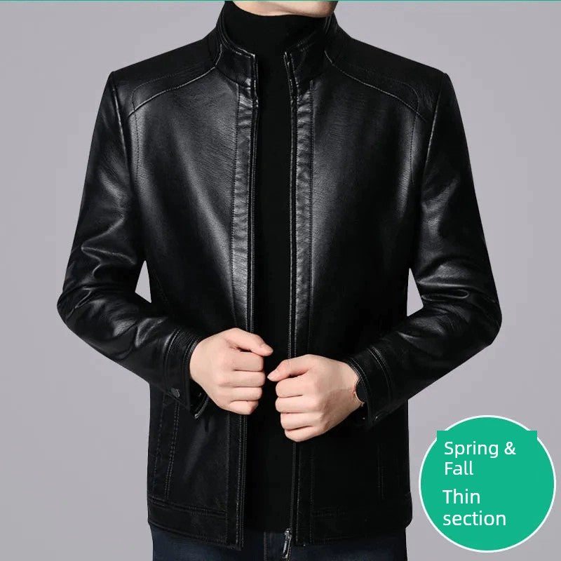 Middle-Aged and Elderly Fleece-lined Winter Reverse Collar Dad Leather Coat