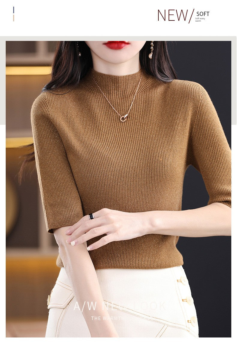 Spring & Fall Half Turtleneck Knitting Short Sleeve Women's Slim-Fit All-Match T-shirt Half Sleeve Shirt 2024 New Arrival Bottoming Shirt Half Sleeve