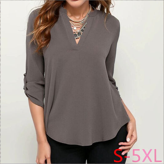 Women Fashion Long Sleeve V- Collar Blouse