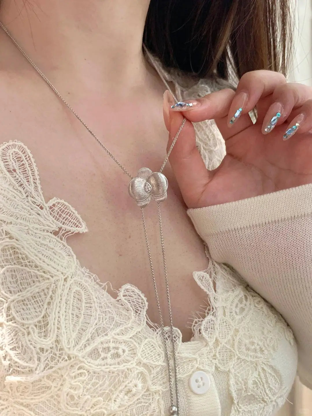 925 silver elegant butterfly orchid necklace new in brushed velvet pearl tassel layered flower collarbone chain wedding jewelry