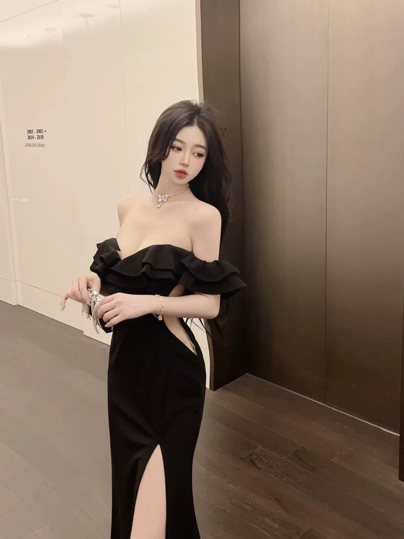 French Style Classy Sexy Open Back off-Shoulder Dress Female Summer Ruffles Temperament Sheath Split Evening Long Dress