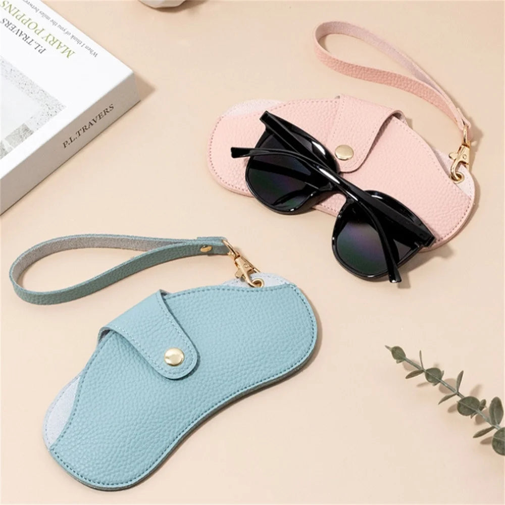 Portable Sunglasses Bag Women Retro PU Leather Glasses Case Eyewear Pouch Travel Glasses Storage Sleeve w/ Wristband Neck Strap