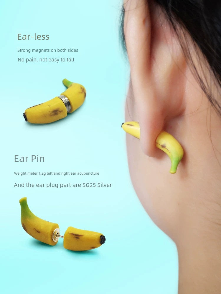 New Original Cute Fruit Exaggerated and Personalized Couple 925 Silver Single Ear Studs Polymer Clay Handmade Banana Earrings