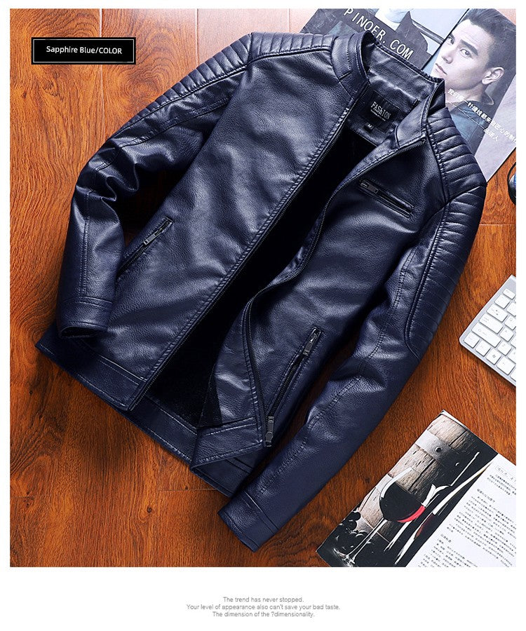 K-style Silm Autumn and Winter Fleece-lined Stand Collar Youth Leather Coat