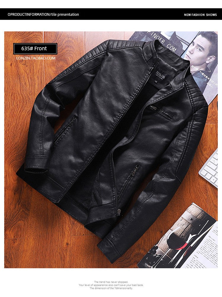 K-style Silm Autumn and Winter Fleece-lined Stand Collar Youth Leather Coat