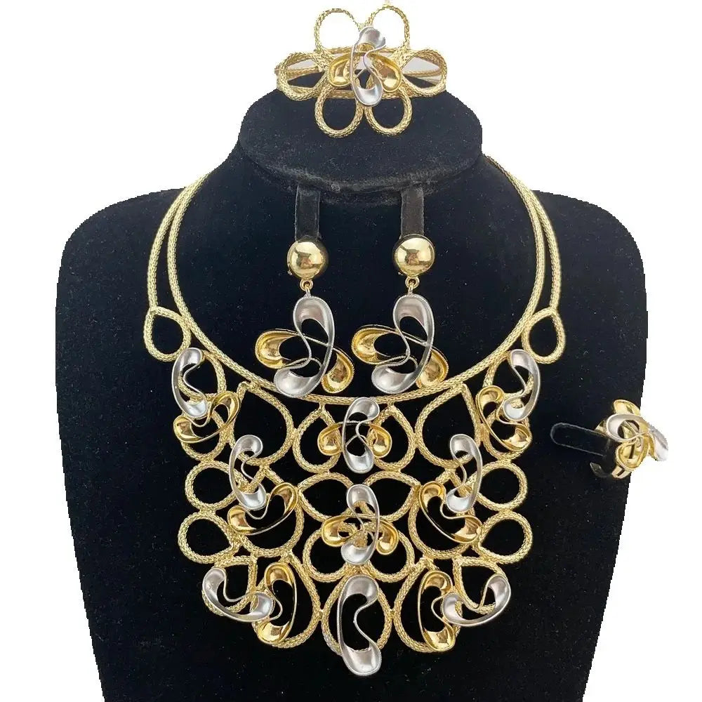Luxury Design Gold Color Jewelry Set For Women Quality Trending Necklace Earrings Bracelet And Ring Wedding Party FHK21940