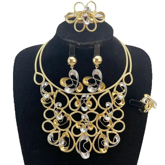 Luxury Design Gold Color Jewelry Set For Women Quality Trending Necklace Earrings Bracelet And Ring Wedding Party FHK21940