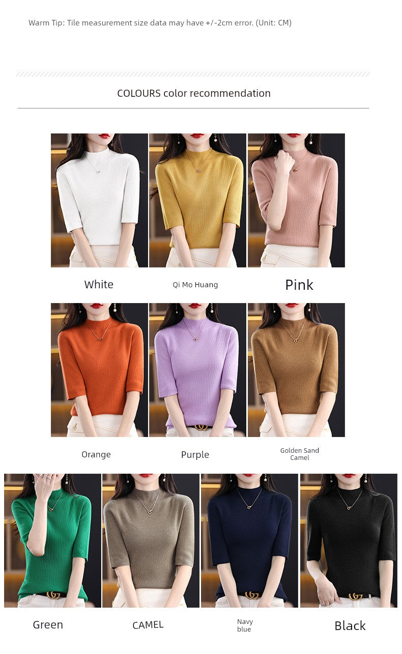 Spring & Fall Half Turtleneck Knitting Short Sleeve Women's Slim-Fit All-Match T-shirt Half Sleeve Shirt 2024 New Arrival Bottoming Shirt Half Sleeve