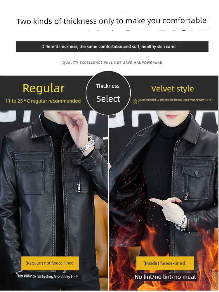 Men Leather Coat Motorcycle Clothing Short Chic Fleece Padded Coat Autumn and Winter Trends Handsome Slim-Fitting Lapel PU Leather Jacket