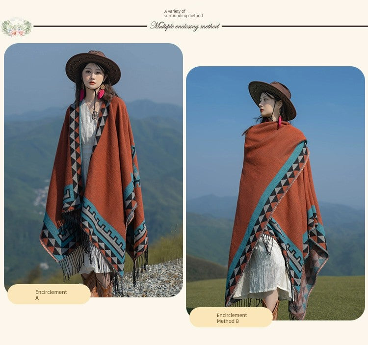 Early Autumn Travel Knit Cloak with Tassel Scarf