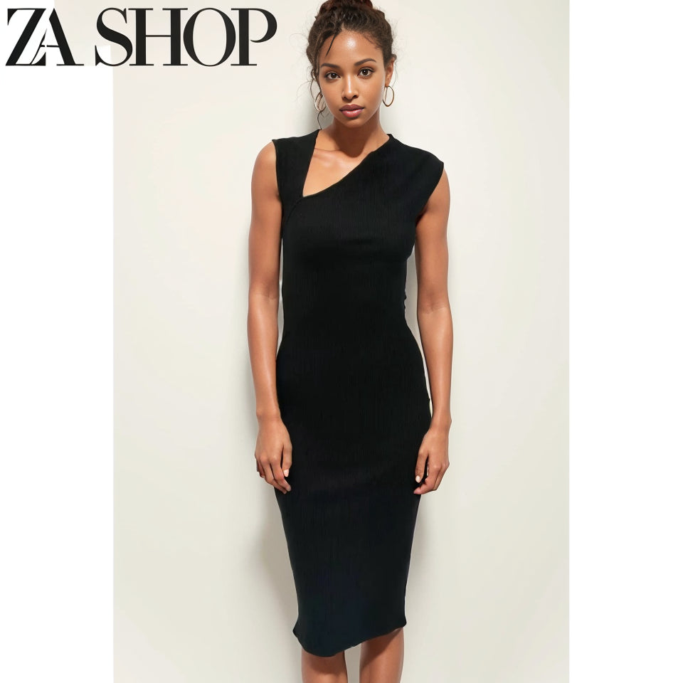 Za New Sexy Asymmetric Shoulder Sleeveless Vest T-shirt Skirt Skinny Sheath Midi Skirt Dress 5584179