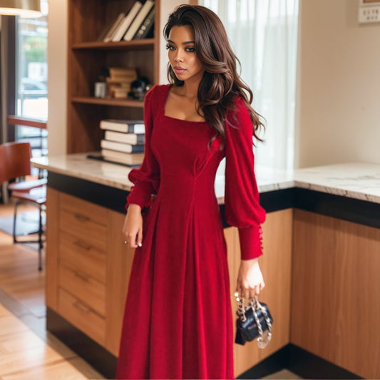 Autumn and Winter French Style Draping Velvet Dress New Year Battle Robe