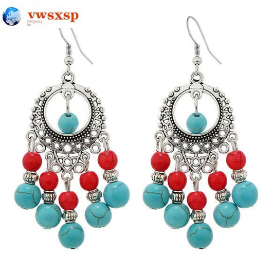 Bohemian Ethnic Style Travel Photography Decorative Personality Vintage Color Beads Turquoise Earrings Eardrops Accessories