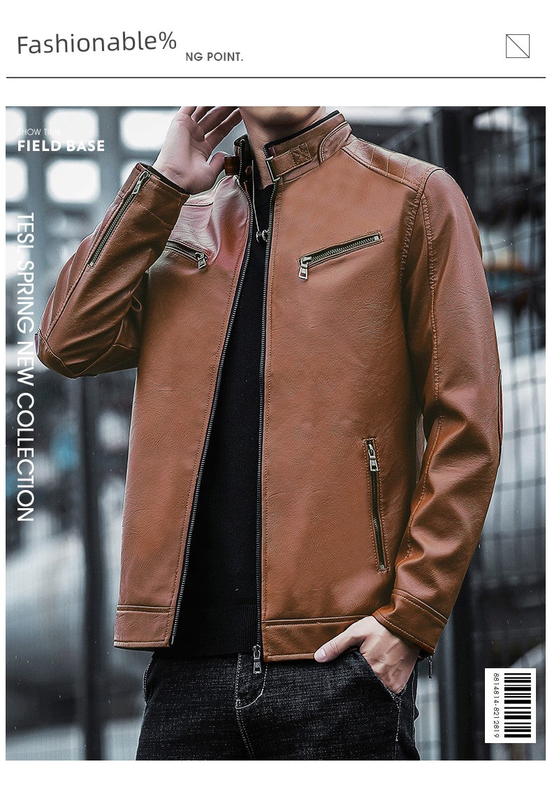 Spring and Autumn Imitation Leather K-style Silm Stand Collar Workwear