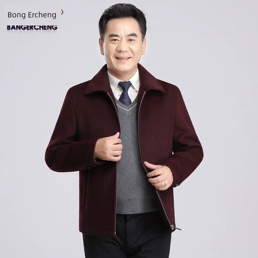 Autumn and Winter Dad Woolen Coat Male Middle-Aged and Elderly Thickened Fleece Jacket Wine Red Birthday Wedding Banquet Grandpa's Clothes