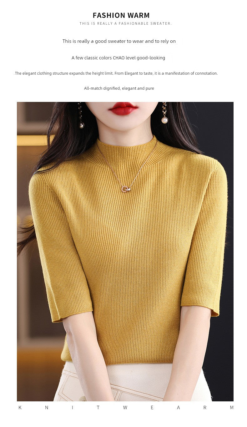 Spring & Fall Half Turtleneck Knitting Short Sleeve Women's Slim-Fit All-Match T-shirt Half Sleeve Shirt 2024 New Arrival Bottoming Shirt Half Sleeve