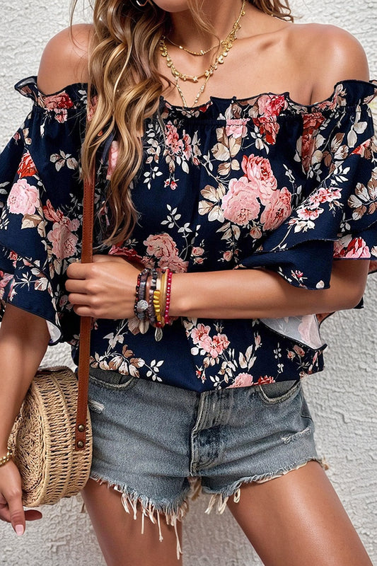 Fashion off-Shoulder Casual Short Sleeve Shirt Florals Print