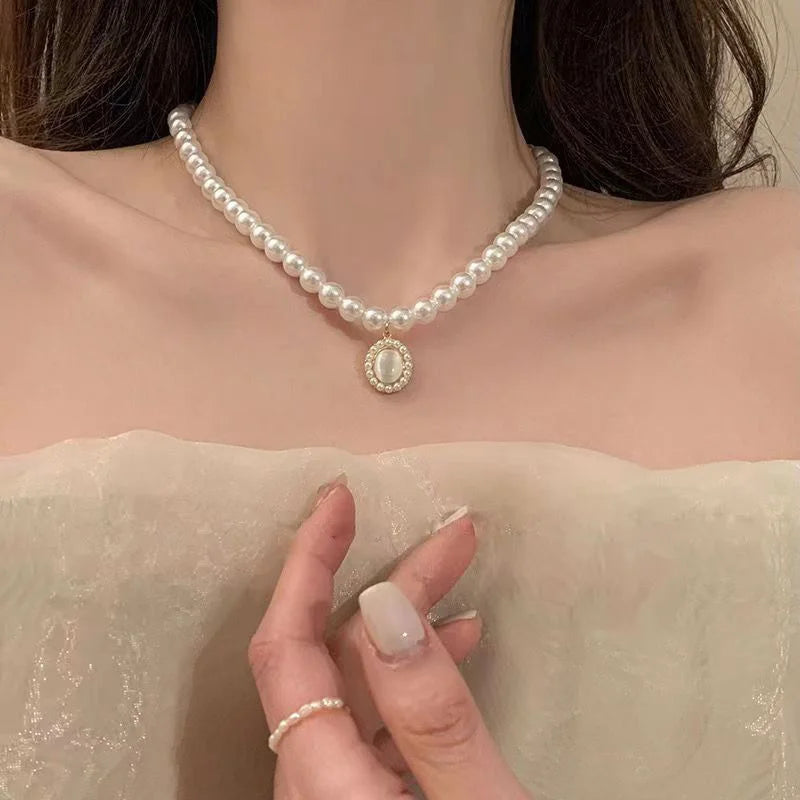 Trend Elegant Jewelry Wedding Big Pearl Pendant Chain Necklace For Women Fashion White Imitation Pearl Choker Necklace
