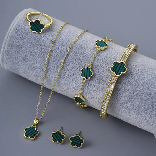 Luxury Five-leaf Flower Jewelry Set 5Pcs  for Women Sparkle CZ Bangle Necklace Earrings Bracelet Charming Clover Jewelry