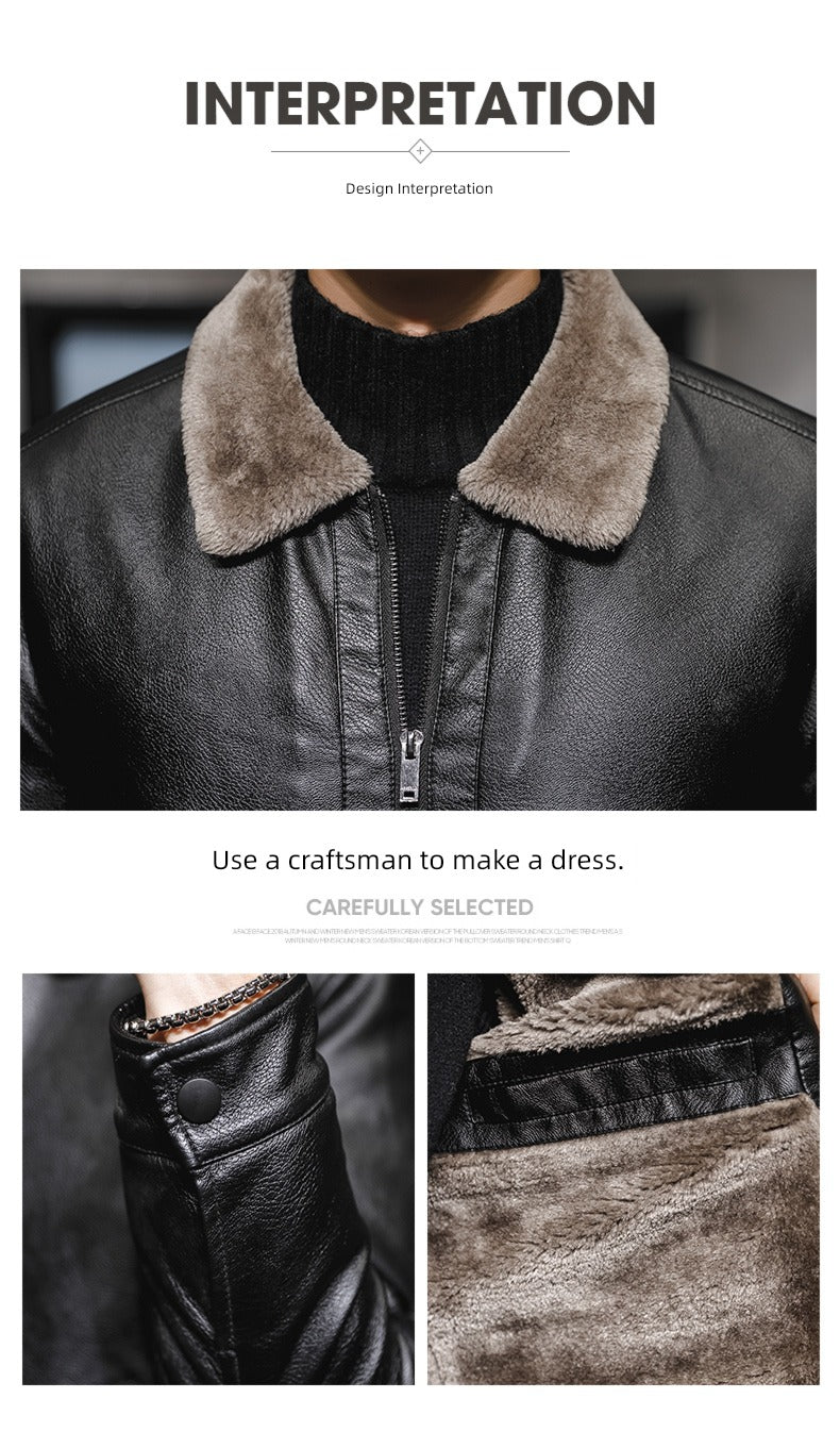 Winter Korean Style Fleece-Lined Thickened Handsome Lambswool Leather Jacket