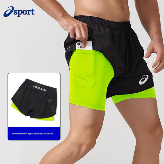 Running Shorts Men's Professional Marathon Track and Field Three Points Pant Belt Lined Double-Layer Pants Sports Fitness Handphone-Friendly