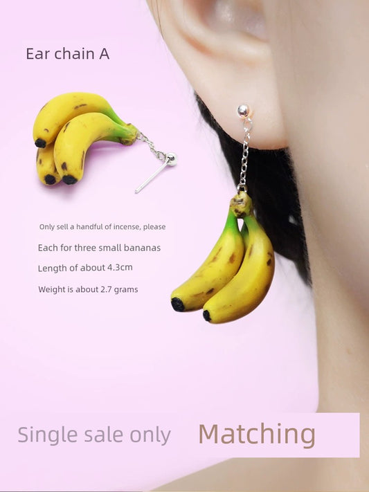 New Original Cute Fruit Exaggerated and Personalized Couple 925 Silver Single Ear Studs Polymer Clay Handmade Banana Earrings