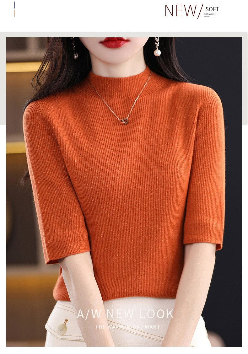 Spring & Fall Half Turtleneck Knitting Short Sleeve Women's Slim-Fit All-Match T-shirt Half Sleeve Shirt 2024 New Arrival Bottoming Shirt Half Sleeve