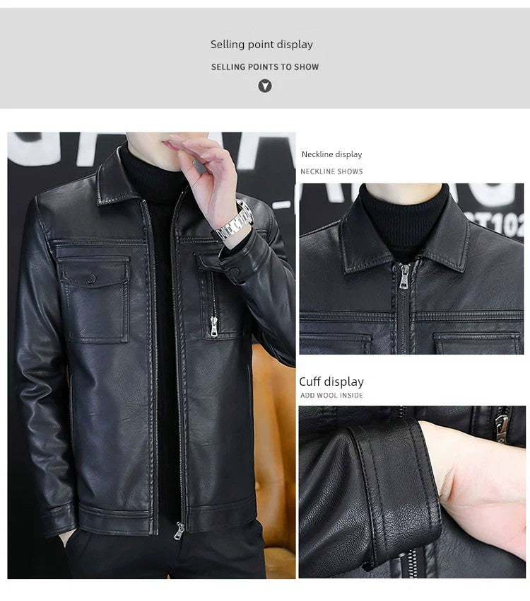 Men Leather Coat Motorcycle Clothing Short Chic Fleece Padded Coat Autumn and Winter Trends Handsome Slim-Fitting Lapel PU Leather Jacket