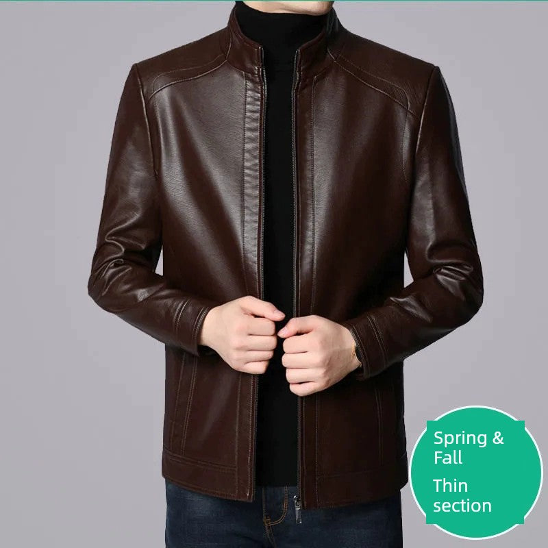 Middle-Aged and Elderly Fleece-lined Winter Reverse Collar Dad Leather Coat