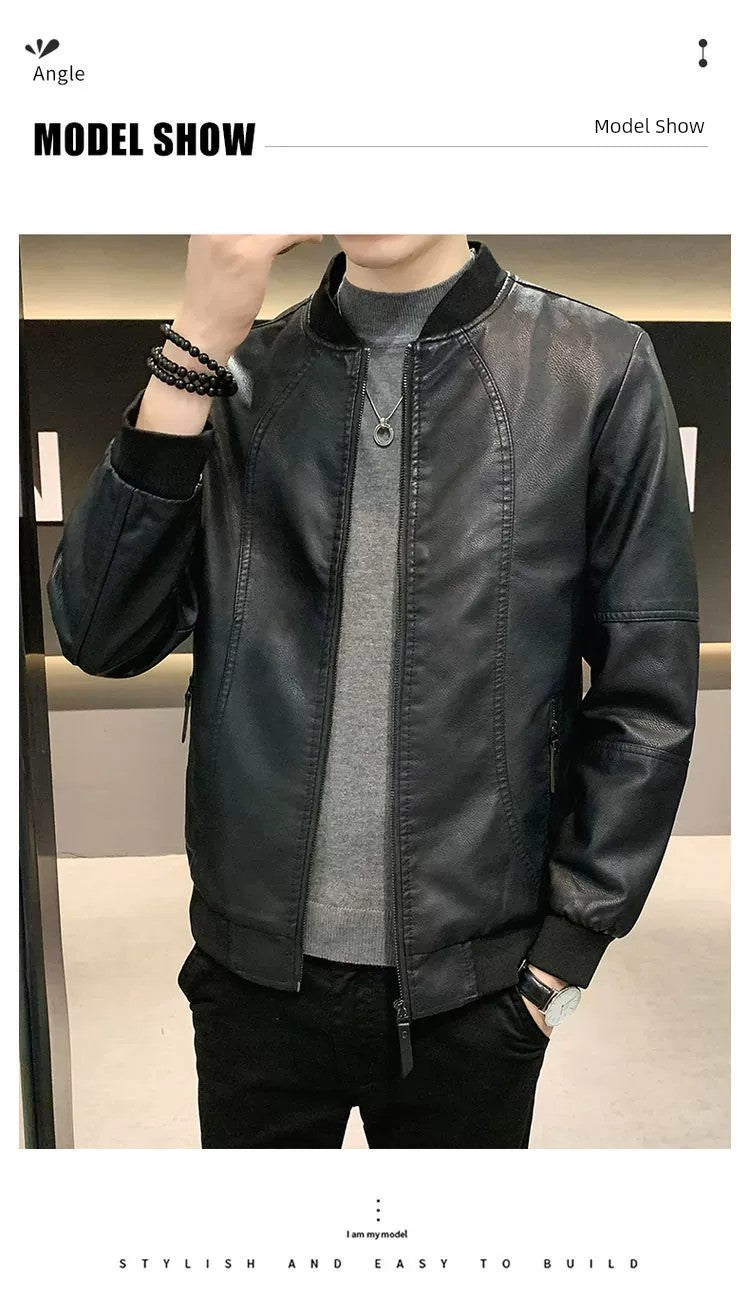 2023 Autumn Leisure Korean-Style Slim-Fit Windproof Leather Jacket