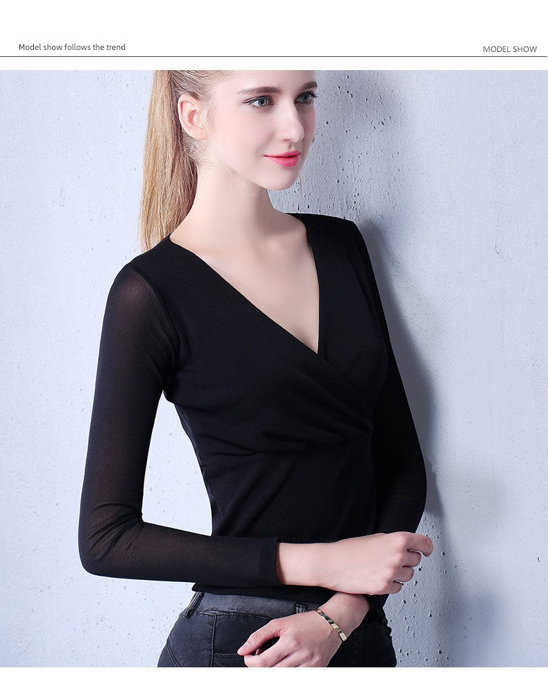 Danyu Long-Sleeved Thin Waist Cross-Collar Mesh Top