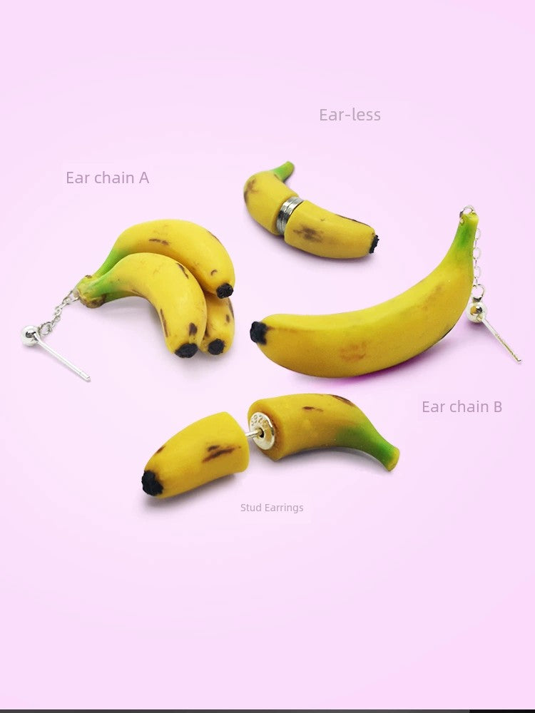 New Original Cute Fruit Exaggerated and Personalized Couple 925 Silver Single Ear Studs Polymer Clay Handmade Banana Earrings