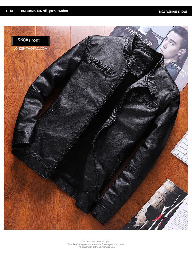 K-style Silm Autumn and Winter Fleece-lined Stand Collar Youth Leather Coat