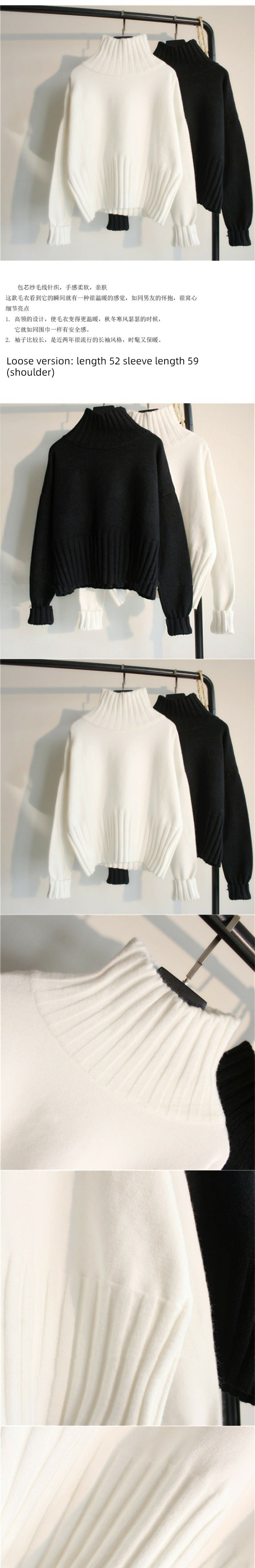 Plus Velvet White Semi-High Collar Loose Knitted Short Sweater