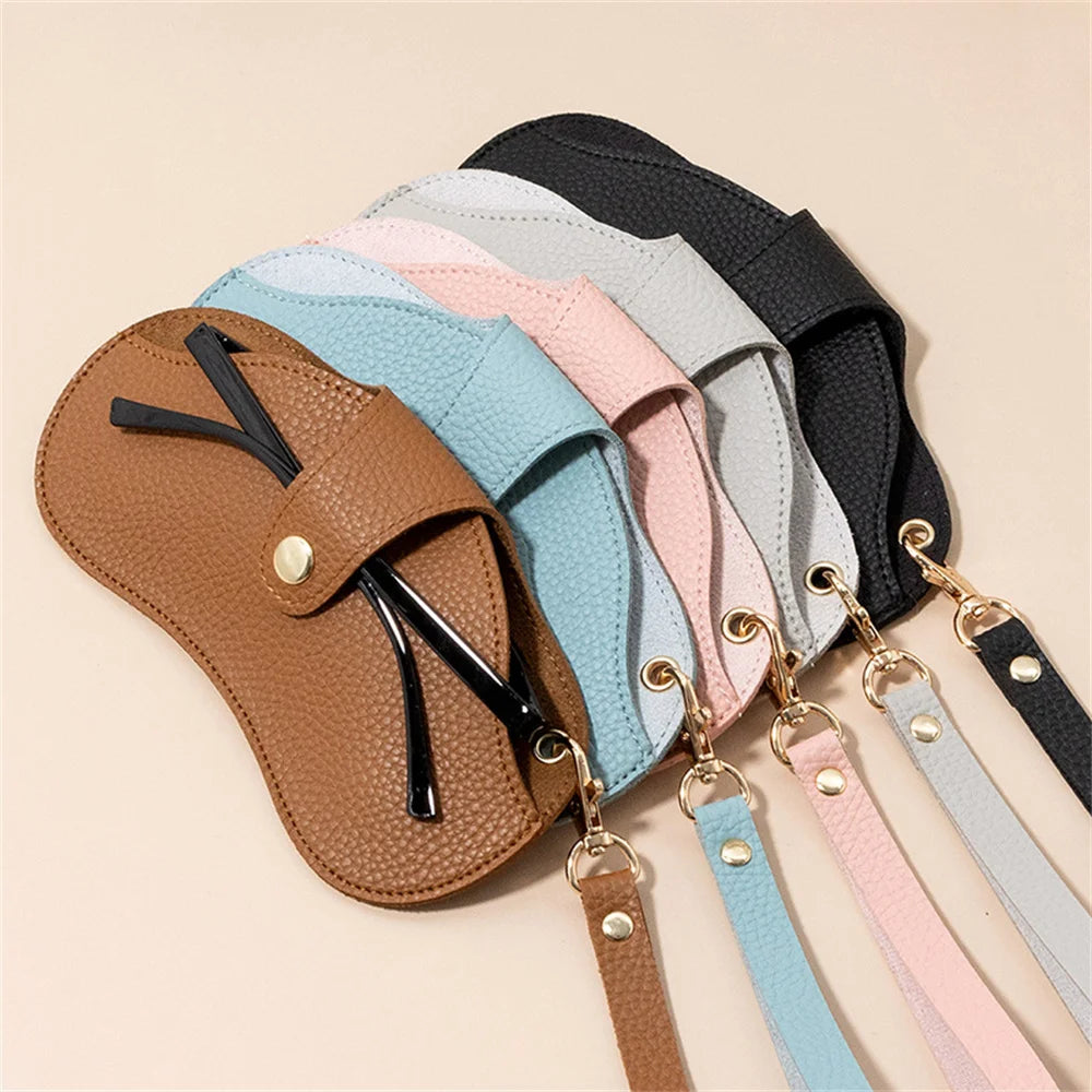 Portable Sunglasses Bag Women Retro PU Leather Glasses Case Eyewear Pouch Travel Glasses Storage Sleeve w/ Wristband Neck Strap