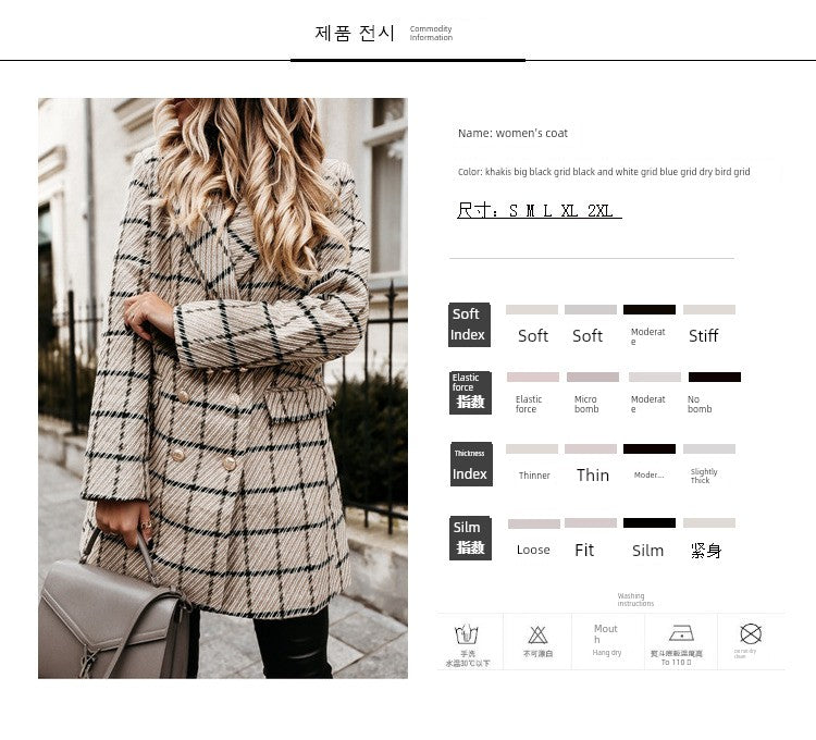 European and American Street Shot Autumn and Winter Women's Houndstooth Vintage Plaid Slim Fit Mid Length Long Length Long-Sleeved Woolen Coat Woolen Coat