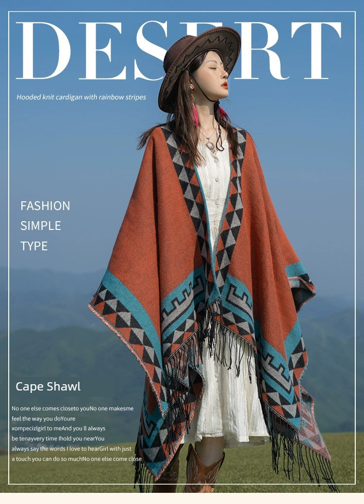 Early Autumn Travel Knit Cloak with Tassel Scarf