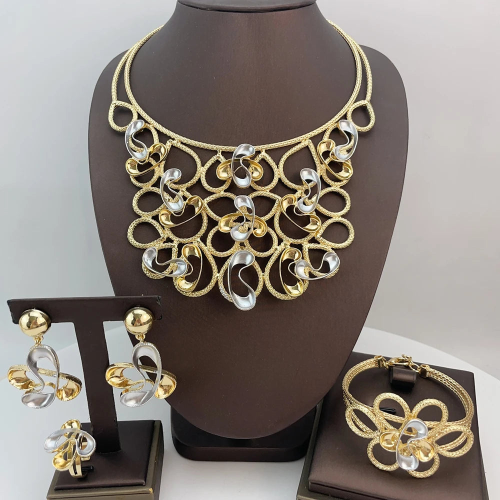 Luxury Design Gold Color Jewelry Set For Women Quality Trending Necklace Earrings Bracelet And Ring Wedding Party FHK21940