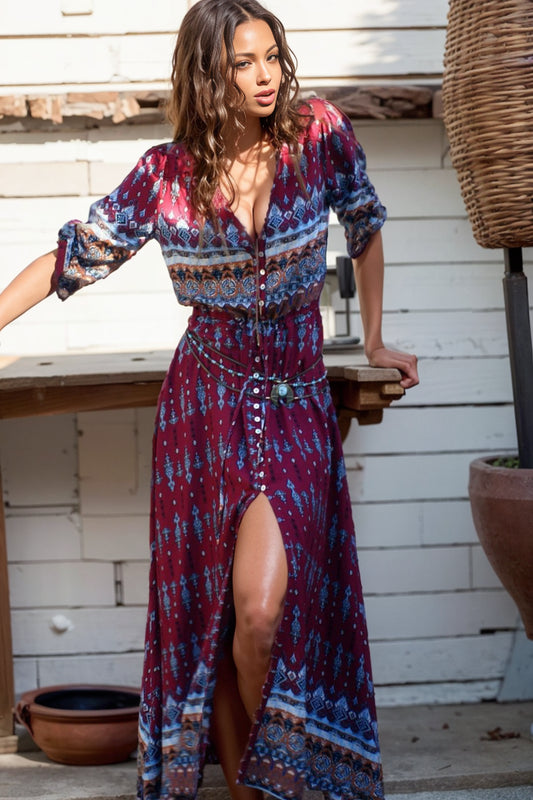 Bohemian Maxi Dress Beach Dress Mid Length Long Length Seaside Vacation Front Slit V-neck Slimming Cotton Silk Beach Dress Women's Summer